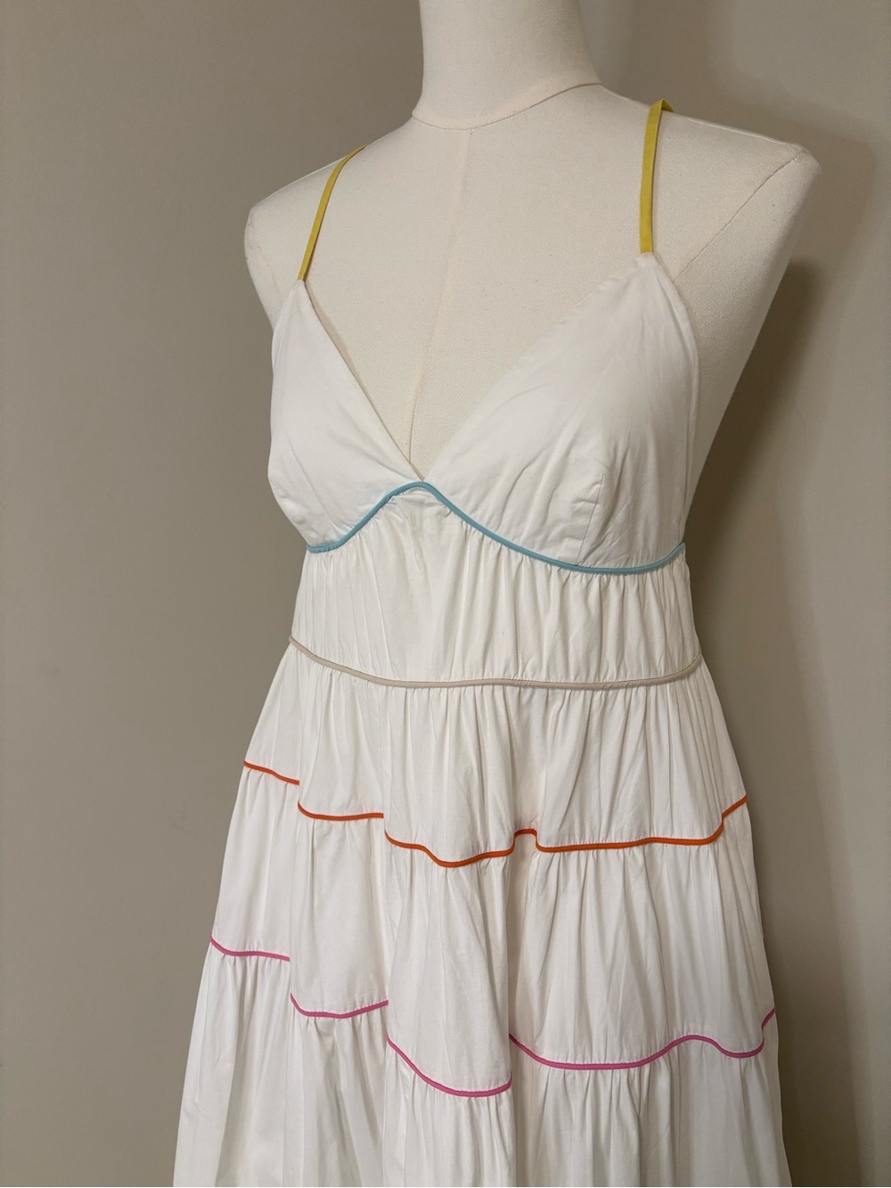 STAUD White Tiered Midi Dress Multicolor Trim Yellow Straps Size Medium - Picture 2 of 6